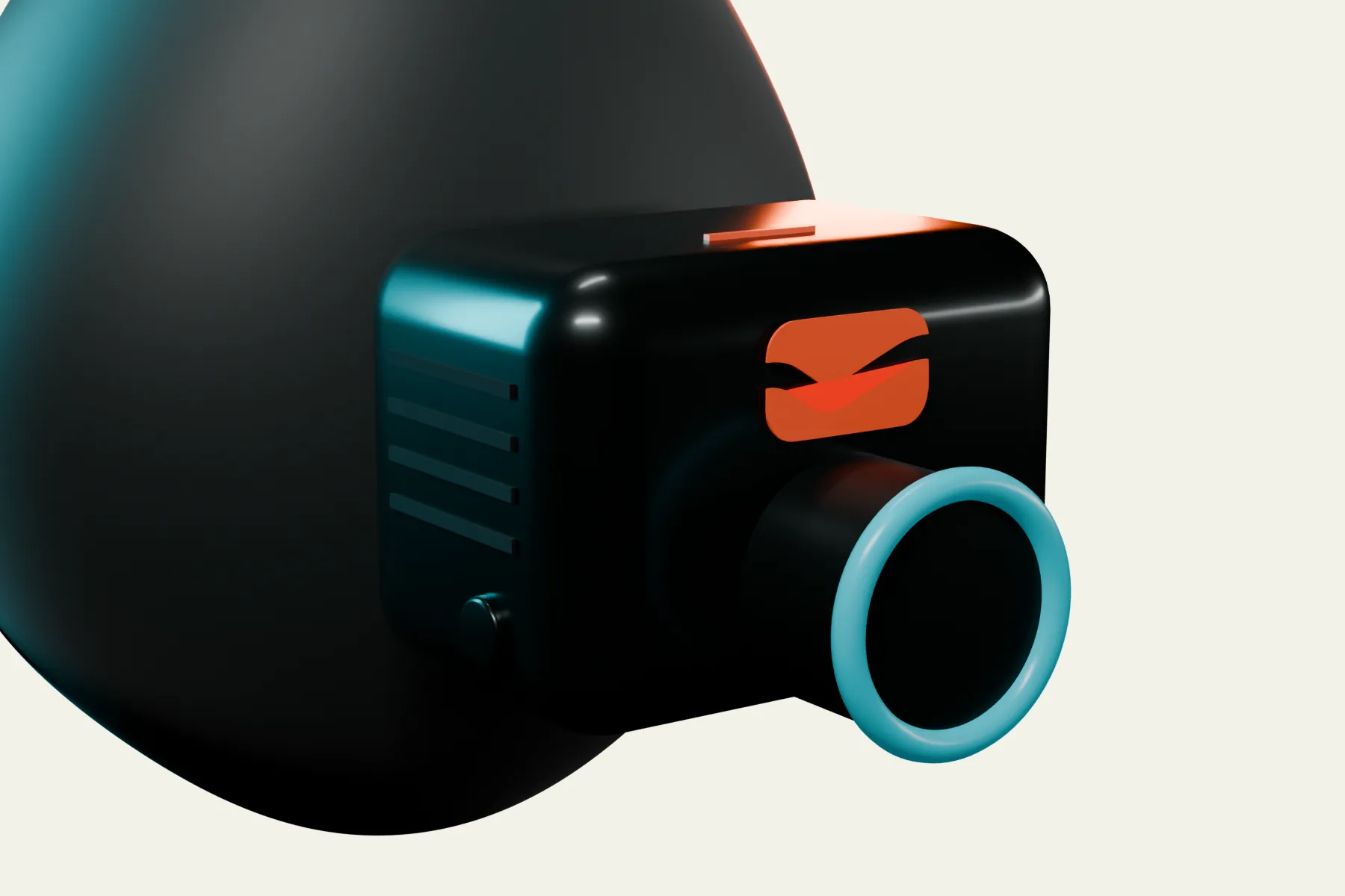 Close-up of the VenTracer analyzer: breathing port with teal ring and flow screen, V mark and orange status light